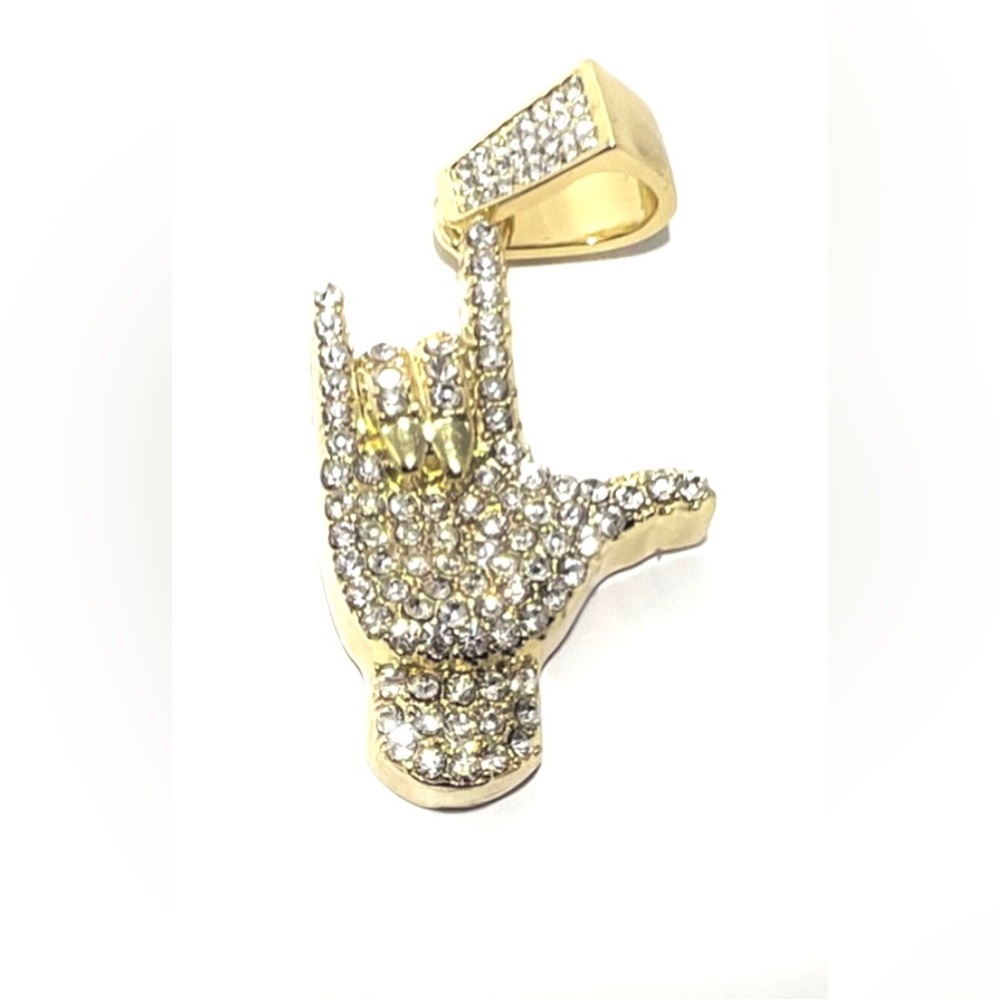 Surfer Hand Sign Language Necklace Pendant - Gold Stainless Steel w/CZs